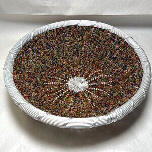Vtg Multi Round Color Glass Beaded Basket Aluminum Frame 10" Boho MCM
